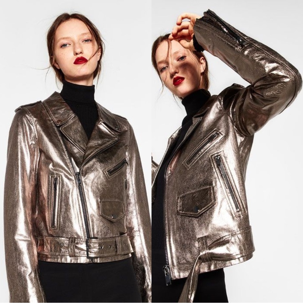 ZARA Gunmetal Metallic Leather Silver and Pink Jacket - XS